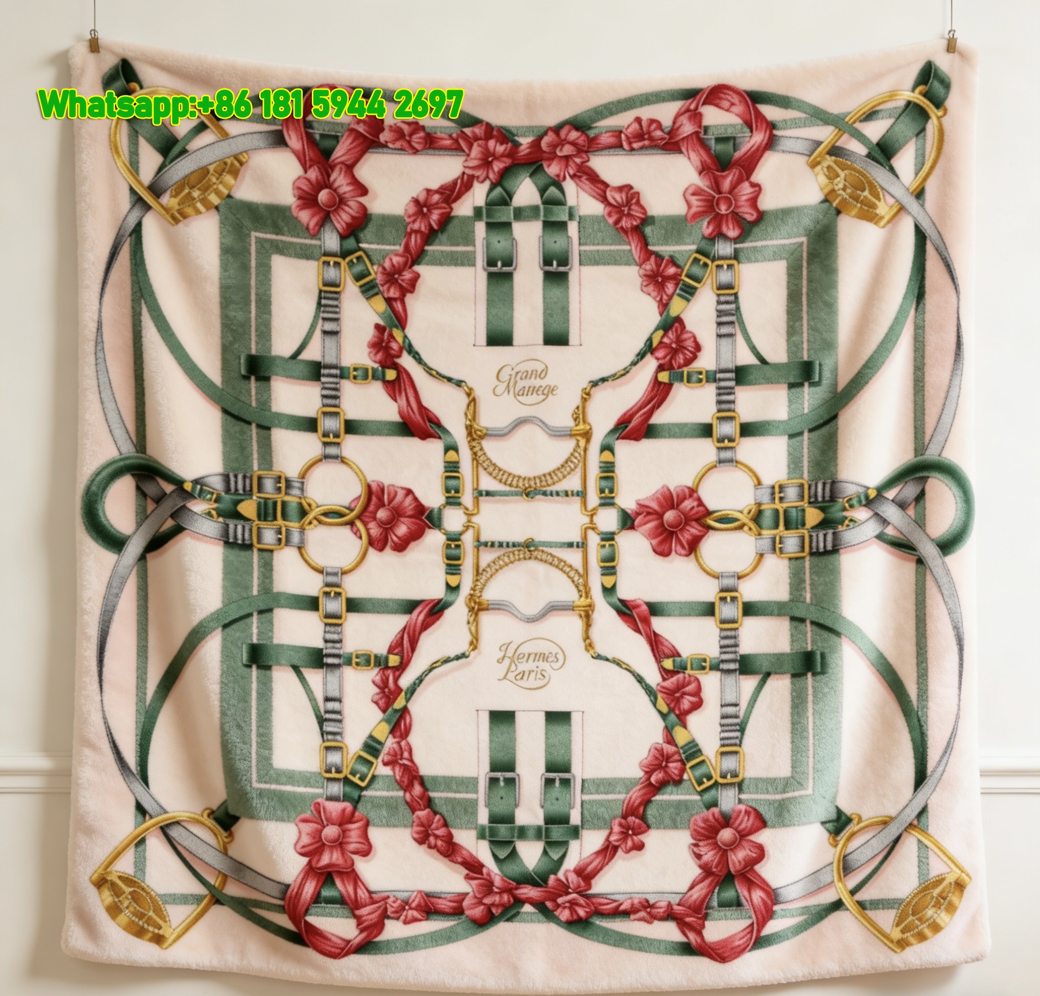 Hermes Pink Green Equestrian Horse Tack Print Flannel Throw Blanket IMG_5250